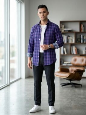 TAILORBYRD Men Purple White Plaid Paisley Cuff 100% Cotton Button-Up Shirt S